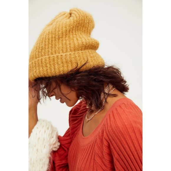 Free People Lullaby Rib Beanie Soft Plush Butter Knit Folded Pull On Winter Cozy